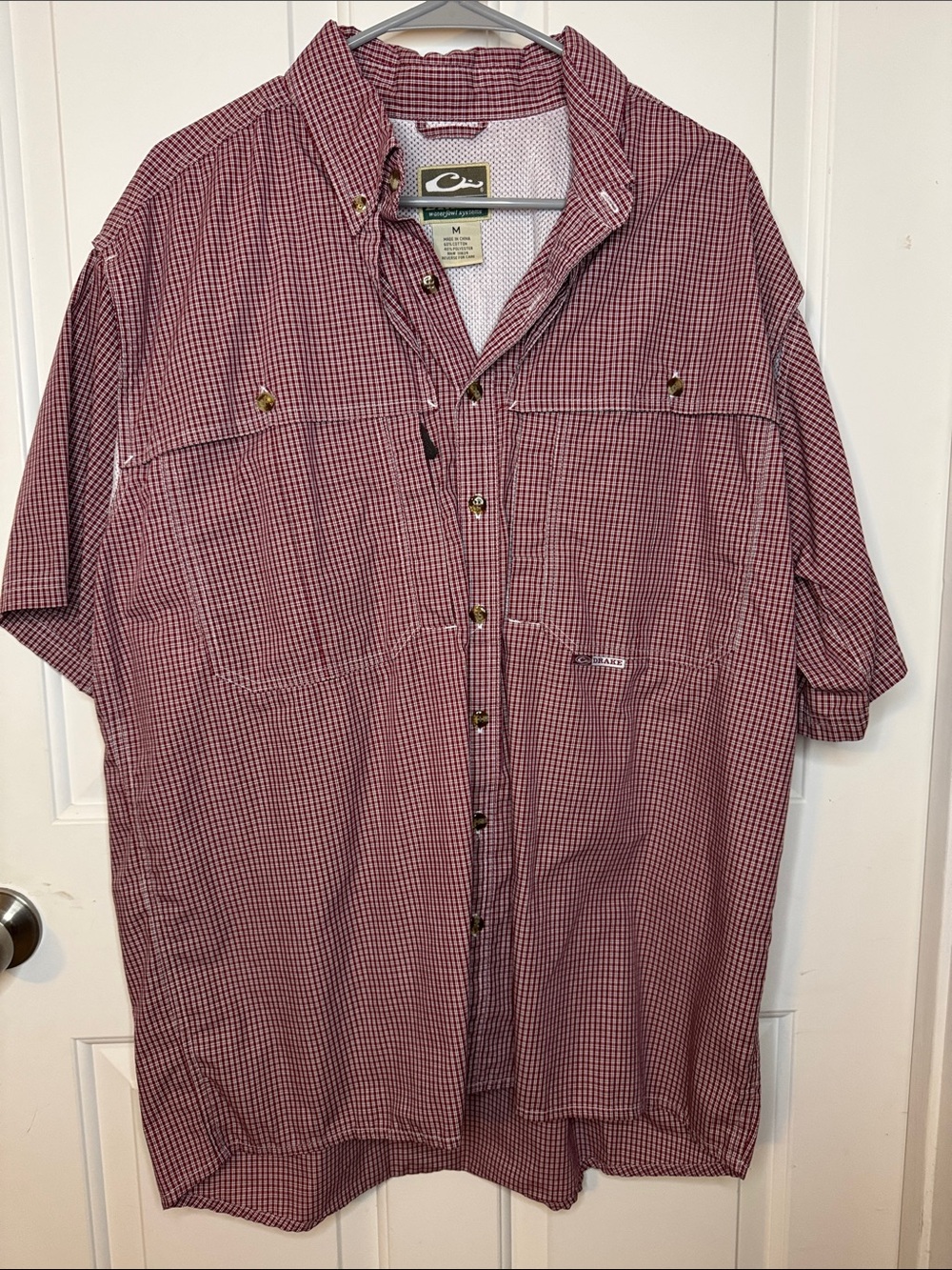 Drake Men’s Short Sleeve Red and White Micro-Check Button-Up Shirt